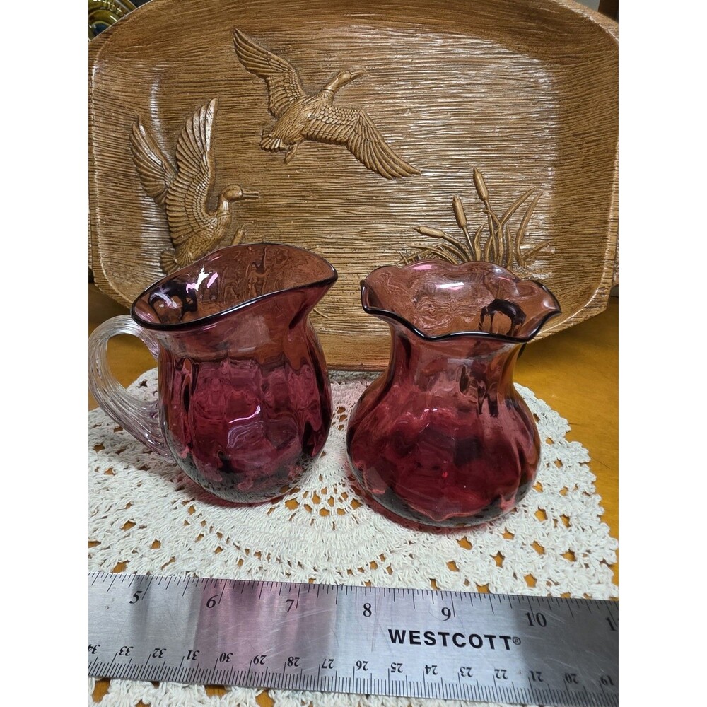 Pilgrim Cranberry Glass Pitcher Creamer And Mini Vase Set Of 2 Handblown